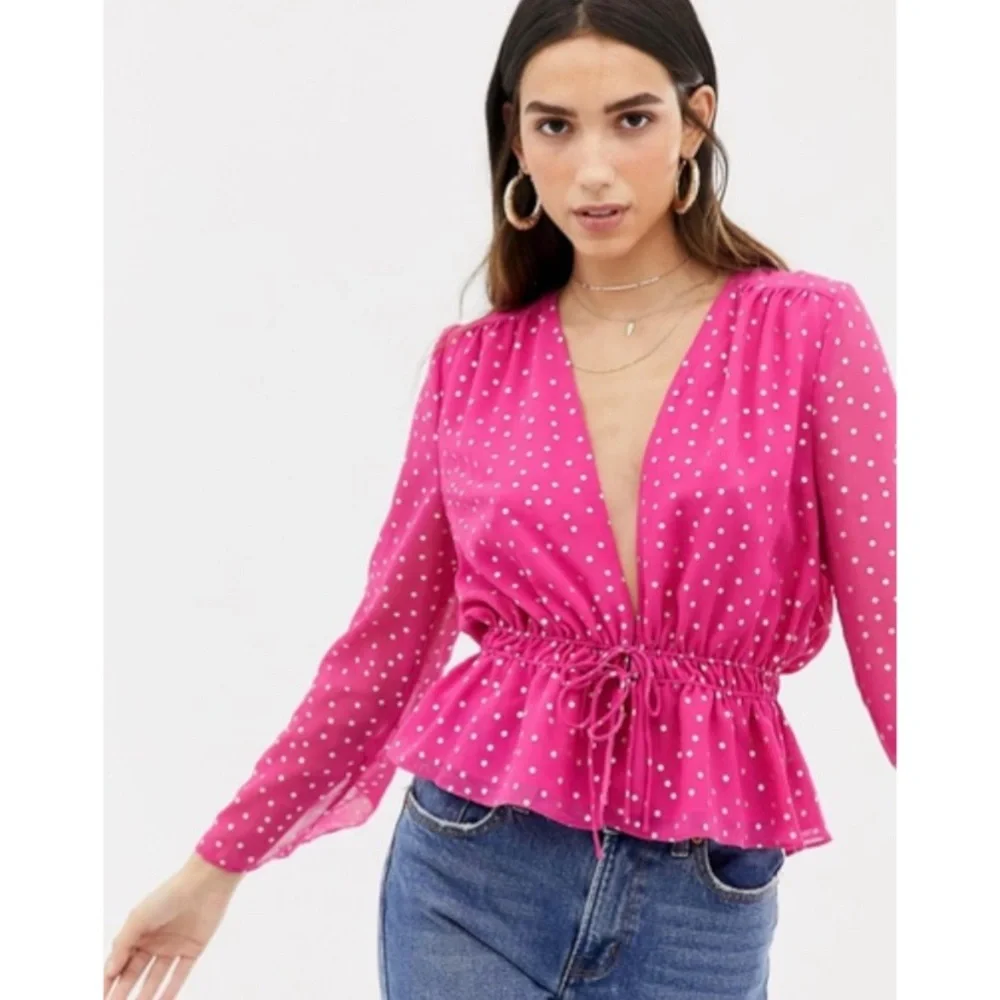 THE EAST ORDER Taylor Long Sleeve Tie Waist Bright Pink Metallic Dot Top - Picture 1 of 12